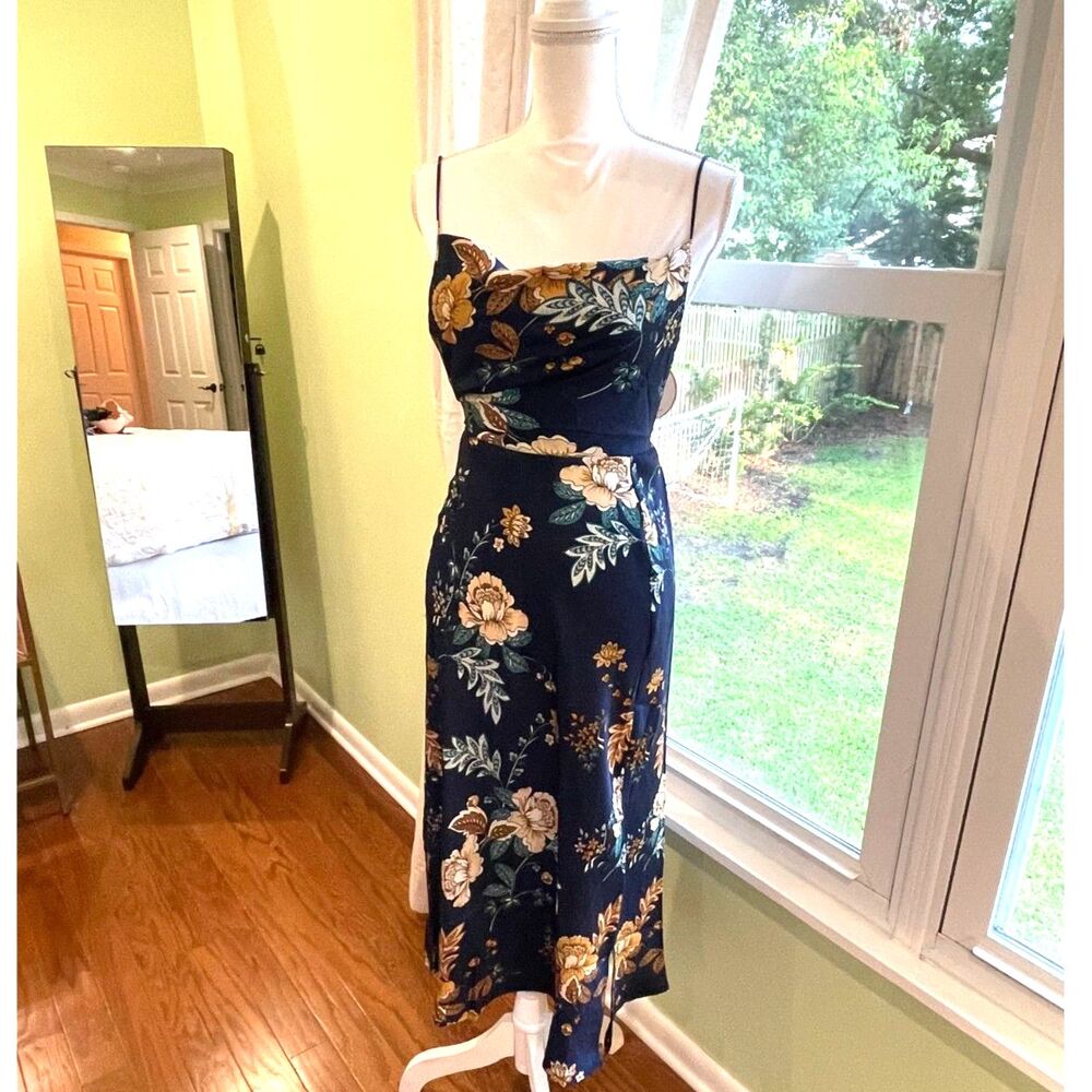 Satin Floral Midi Slip Dress XS Navy Blue Form Fitting Open Back Sexy Date Night